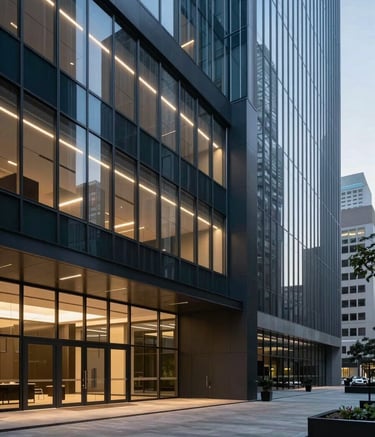 A wide-angle photography shot of a sophisticated, high-tech corporate lobby in a North American city. The architecture features clean lines, glass walls, and intelligent lighting in shades of dark navy and steel blue, conveying innovation and trust.