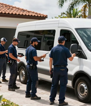 Candid photography of a professional restoration crew arriving at a Miami property in a clean, branded white van. The team is dressed in professional navy uniforms, carrying equipment with purpose and urgency. Bright South Florida / US morning light.