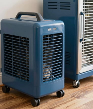 Close-up photography of professional industrial-grade drying equipment, including a heavy-duty blue dehumidifier and high-velocity air movers, positioned on a clean hardwood floor in a South Florida / US home. Bright, natural lighting, sharp focus, emphasizing modern technology and restoration expertise.