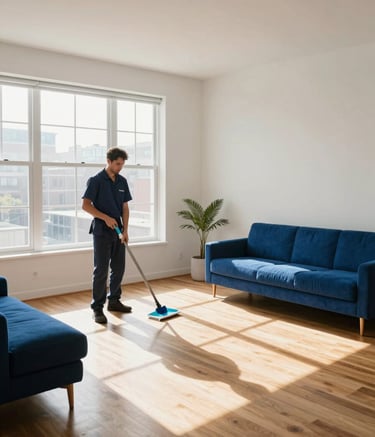 A wide-angle shot of a bright, modern North American apartment living room after a professional turnover cleaning. Sunlight streams through large windows onto polished hardwood floors. The decor is minimalist with white and royal blue accents.