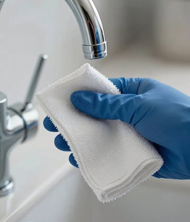 Macro photography of a gloved hand using a clean white microfiber cloth to polish a chrome faucet in a high-end North American kitchen. The scene is bright and airy with royal blue and grey tones in the soft-focus background, emphasizing hygiene and meticulous detail.