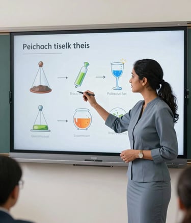 A South Asian female educator confidently using a large digital interactive screen in a bright, modern classroom. She is demonstrating a science concept through an animated story. The lighting is clean and professional, with the teacher wearing a gray-blue professional outfit.