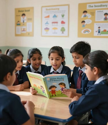 A group of primary school students in a modern South Asian classroom, looking excitedly at a vibrant storybook. The room is filled with soft natural light, reflecting a professional and inspiring atmosphere. The students wear dark blue uniforms and the background features off-white walls with gold-toned educational posters.