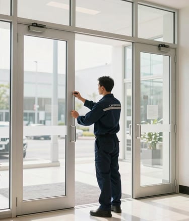 Interior photography of a modern commercial lobby in the North American / US, featuring large glass double doors. A professional service technician in a clean, branded navy uniform is inspecting the alignment. Bright, high-key lighting, emphasizing professional craftsmanship and reliability. Mist and off-white color palette.