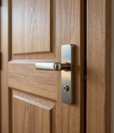 Close-up architectural photography of a high-end, modern wooden door with a sleek brushed-metal handle. Soft natural morning light in a North American / US residential setting. High-quality craftsmanship and textures highlighting the rich grain of the wood. Gold and pale blue tones.