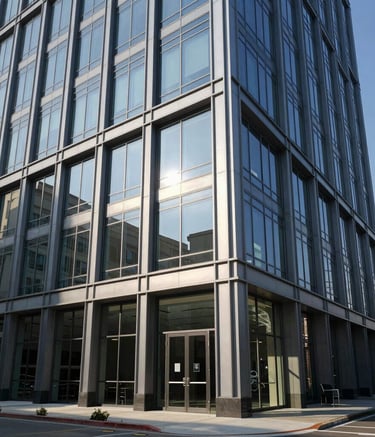 Large-scale architectural photography of a professional corporate headquarters for a major door manufacturer in the North American / US region. Sunlight hitting large glass panels and modern steel frames. Professional and trustworthy atmosphere. Steel blue and dark navy accents.