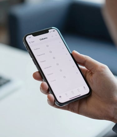 A close-up shot of a person's hands holding a modern smartphone in a bright office environment. The screen shows a dialer interface. The background is softly blurred with hints of dark navy and soft blue furniture, emphasizing a professional and reliable customer support environment.