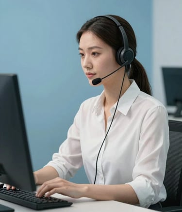 A professional customer service representative wearing a headset, sitting in a clean and organized workstation. The lighting is bright and natural. The room features a wall painted in soft blue, and the desk is a light grey. The mood is helpful and trustworthy.