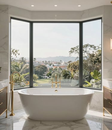 Wide-angle luxury bathroom in a Los Angeles home featuring a freestanding white soaking tub, floor-to-ceiling windows with soft light, and elegant gold accents, modern North American / US interior design style.