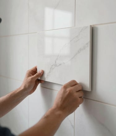 A detailed close-up of a professional installer's hands carefully placing a large-format white marble tile on a bathroom wall, bright natural lighting, modern North American / US residential construction setting, soft gray grout lines visible.