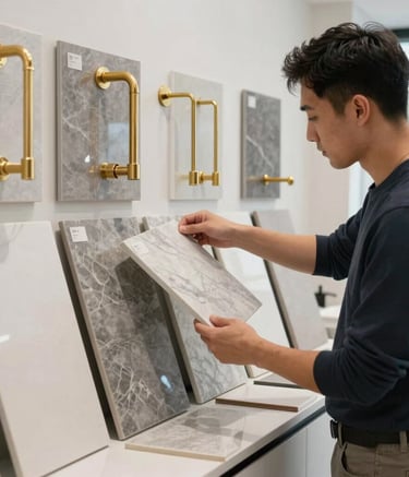 A professional bathroom designer in a stylish North American / US office setting reviewing material samples including gold hardware, marble slabs, and soft gray tile palettes.