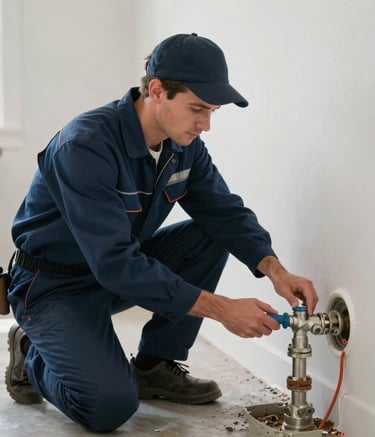 A professional North American plumber inspecting a water main in a modern residential basement. The lighting is crisp and clear, highlighting the dark blue uniform and the reliability of the professional service.