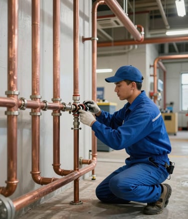 A wide-angle photography shot of a professional North American plumber in a steel blue uniform working on a commercial copper piping system in a large building. The environment is well-lit, modern, and conveys technical reliability.