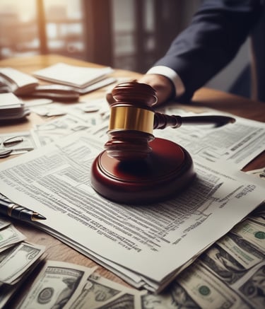Lawyers reviewing detailed case files in a brightly lit office.