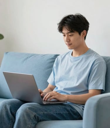 A serene and brightly lit modern room where a person is sitting comfortably on a soft blue sofa, looking at a laptop with a calm and relieved expression. The scene uses the brand palette with light blue accents and off-white walls, conveying empathy and professional support.