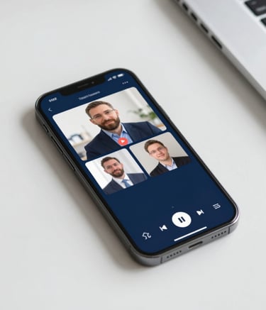 A close-up of a high-quality smartphone screen showing a blurred, professional video call interface, resting on a clean white desk next to a notebook. The lighting is soft and natural, emphasizing a secure and modern tele-health environment, incorporating brand colors of deep blue and soft gray.