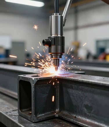 Close-up of a precision welding process on a heavy steel beam in a minimalist industrial workshop. Bright orange sparks contrast with the deep carbon black and silver gray steel environment. Modern industrial lighting, professional craftsmanship atmosphere in a North American / Mexican workshop.