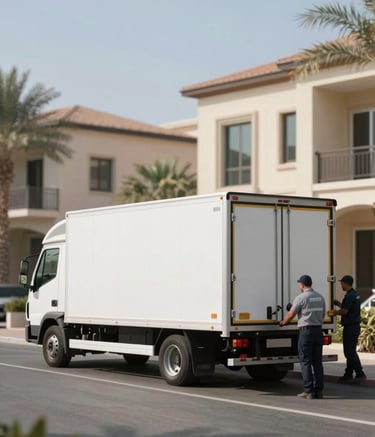A wide shot of a modern, clean white moving truck parked in a luxury Dubai residential neighborhood. The truck features subtle brand elements. Professional movers in #2C3E50 uniforms are seen working efficiently in the bright morning sunlight.