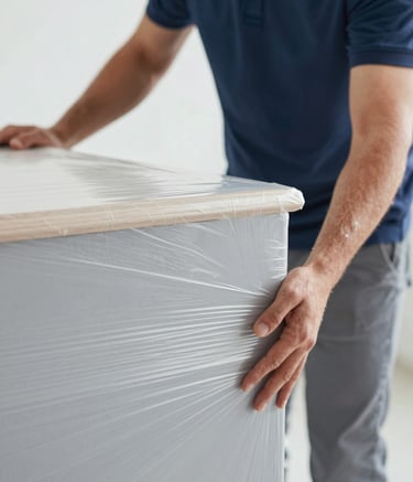 A close-up, high-detail photo of professional movers' hands carefully securing a high-value furniture item with protective wrap. The lighting is bright and clean, showcasing the precision and care. Incorporates #6B7B8E and #F8F9FA in the surroundings to maintain a professional, trustworthy atmosphere.