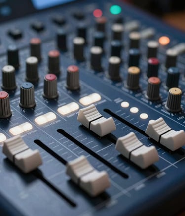 Macro photography of a professional audio mixing console, sleek faders and knobs, crisp white indicator lights against a deep navy blue chassis, tech-forward minimalist aesthetic, Global / International studio setting.