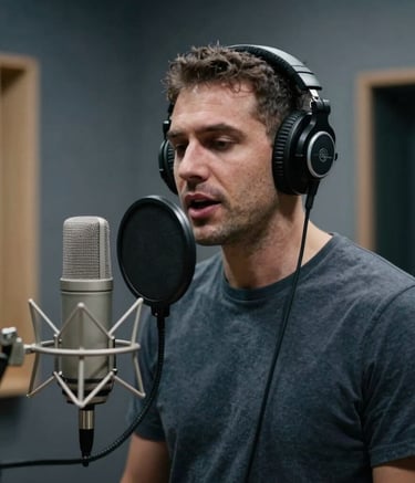 A professional voice actor in a modern recording booth, wearing high-quality headphones and speaking into a pop-filtered microphone, soft cinematic lighting, Global / International environment, greyish blue background tones.