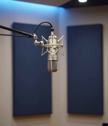 Professional recording studio interior, minimalist design, deep navy blue acoustic panels on walls, high-end condenser microphone on a boom arm, soft sky blue accent lighting, Global / International professional atmosphere.