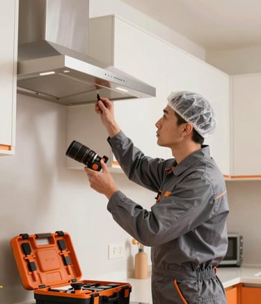 A professional technician wearing a clean slate grey uniform meticulously inspecting a modern kitchen chimney. The setting is a minimalist kitchen with off-white cabinetry and vibrant orange highlights on the technician's professional tool kit.