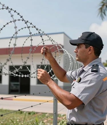 A professional security expert in clean work attire inspecting a concertina wire installation. The setting is a South American commercial building with modern architecture and bright, reliable lighting.