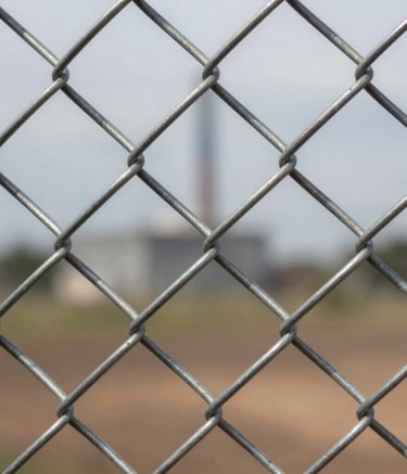 Macro photography of a high-quality galvanized steel chain-link fence weave. The focus is sharp on the metallic texture with professional lighting highlighting silver tones against a soft, out-of-focus industrial background in South America.