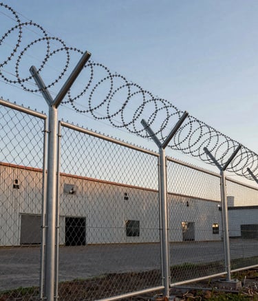 Professional industrial photography of a high-security perimeter fence installation in a South American warehouse district. The scene showcases galvanized chain-link mesh and sharp concertina wire under a clear afternoon sky. Modern, clean composition using silver and dark gray tones.