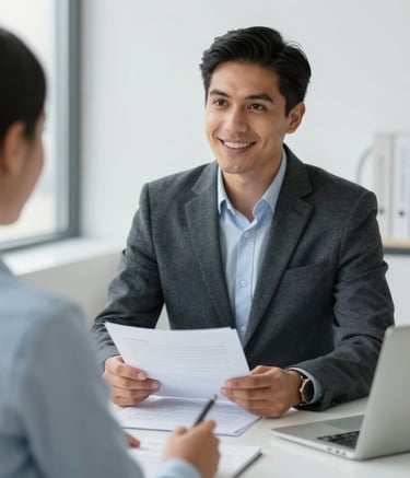 A professional mortgage advisor consulting with clients in a bright office.