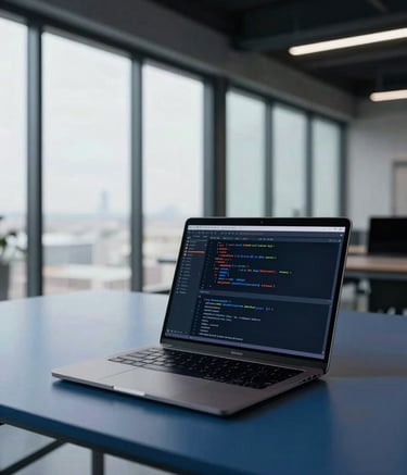 A wide photography shot of a professional, minimalist workspace in a modern building. A high-end laptop on a slate blue desk displays a clean code editor. The background shows large glass windows and soft ambient light in near white and dark navy. Global / Tech-focused.
