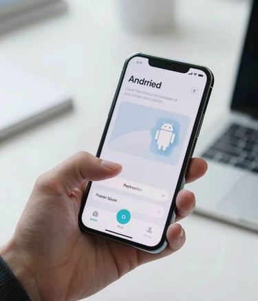 A close-up of a person holding a sleek, modern smartphone, interacting with a fluid and minimalist Android user interface. The setting is a bright, high-tech office with a professional atmosphere. The lighting is crisp and clear, using colors like near white and light blue-grey. Global / Tech-focused.