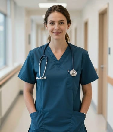 A professional portrait of a registered nurse in dark slate teal scrubs, standing in a bright, modern British healthcare facility corridor, soft natural lighting, clean and professional photography style.