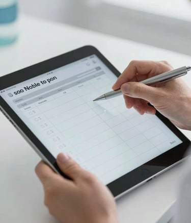 A close-up of a healthcare professional’s hands using a tablet to manage shift schedules, set against a crisp white-grey background in a professional Northern European clinic setting.