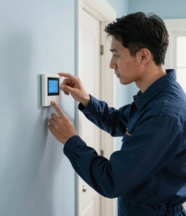 A technician in a deep navy blue uniform adjusting a modern smart thermostat in a bright, clean North American / US home hallway. The lighting is natural and bright, highlighting light ice blue walls and a professional atmosphere.