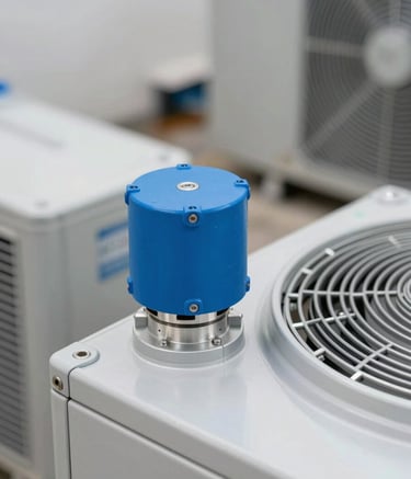 Detailed photography of professional HVAC equipment components in a North American / US residential setting. The scene features clean metal surfaces and sky blue details, lit with soft, professional indoor lighting to emphasize reliability and modern efficiency.