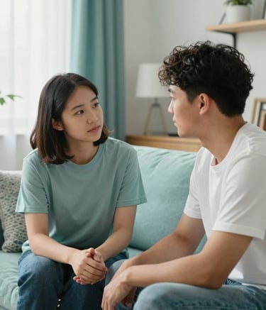 A compassionate mentor and a young adult in a heartfelt conversation in a modern North American / US living room. The room is filled with soft natural light and decorated with soft aqua and mist-colored accents. The mood is empowering and calm.