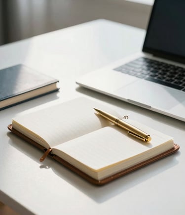 A close-up photograph of a minimalist, organized desk in a North American professional home office. A silver laptop, a leather-bound planner, and a gold pen are arranged neatly. The lighting is bright and natural, reflecting an efficient and sophisticated mood with soft muted blue and white tones.