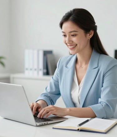 A professional woman in a North American setting, smiling warmly while working at a clean, white desk with a laptop and a notebook. The scene is bright and conveys a sense of trustworthy and efficient support, using light blue and white colors.