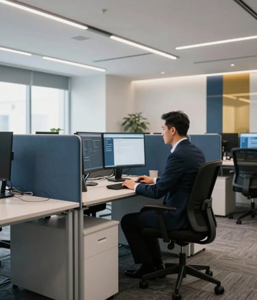 A wide-angle shot of a bright, modern office space in the US. A professional assistant is seen from the side, focused on a dual-monitor setup while sitting in an ergonomic chair. The space is clean and professional, featuring a palette of dark blue, muted blue, and gold accents.