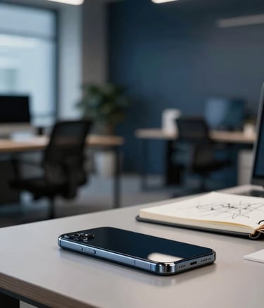 Close-up photography of a professional tech workspace in Zagreb. A high-end smartphone rests on a minimalist desk next to a sketchbook. In the blurred background, a modern office space features steel blue and dark navy navy blue tones with soft, professional lighting.