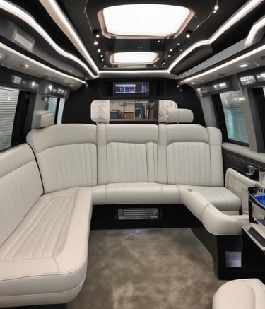 A luxurious limousine parked in front of a city skyline.