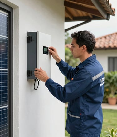High-quality photography of a professional technician in a branded uniform inspecting a high-tech solar energy inverter mounted on an exterior wall of a modern home in a South American / Colombian setting. Bright, natural daylight and a clean, professional atmosphere.