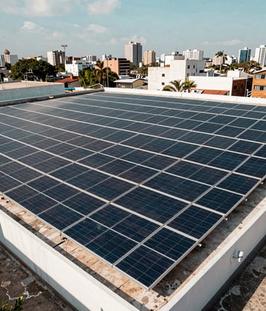 Wide-angle photograph of a large-scale commercial solar panel installation on a rooftop in a sunlit South American city. The panels are organized in rows, reflecting the bright sky. The aesthetic is clean and modern, with deep dark blue and soft teal tones throughout the scene.