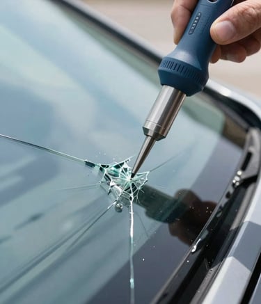 A close-up photograph of a modern resin injection tool being used on a minor windshield crack. The glass is crystal clear, reflecting a soft blue sky. The scene conveys innovation and precision. The setting is an outdoor professional environment in North America. Bright and crisp lighting.