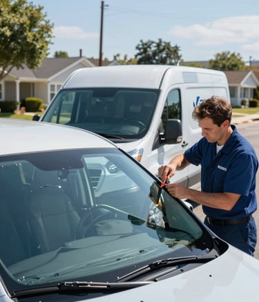 A professional mobile auto glass service van with subtle branding parked on a clean North American suburban street. A technician in a professional uniform is preparing tools next to a vehicle with a damaged windshield. Bright, natural daylight, modern and trustworthy atmosphere. Colors include sky blue and dark blue accents.