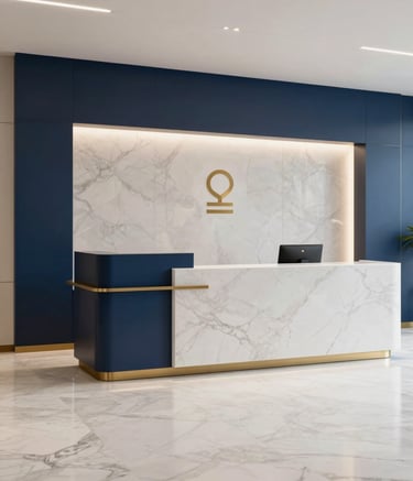 A modern, minimalist law office reception area. Soft off-white marble floors, midnight blue architectural details, and a soft gold brand logo discreetly placed on a textured wall. Professional, clean, and highly sophisticated interior photography.