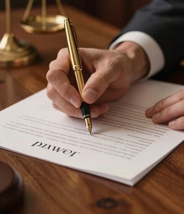 Close-up of a professional lawyer's hands signing a document on a polished dark wood desk. A soft gold fountain pen is held with precision. Soft off-white paper with elegant typography. The lighting is focused and warm, creating a premium and authoritative atmosphere.