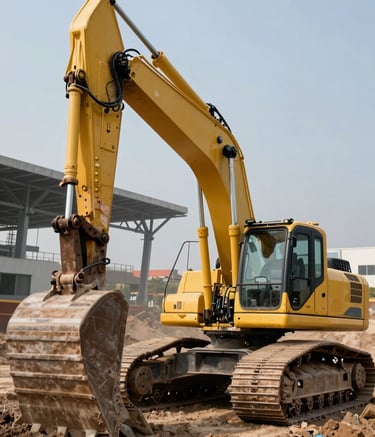 A low-angle, powerful shot of a large yellow excavator at a massive earth-moving site in Mexico. In the background, modern steel infrastructure is visible under a clear sky. The lighting highlights the textures of safety orange metal and soft grey dust.